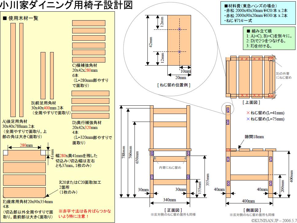 ダイニング用の椅子（イス）設計図（図面）/DIY